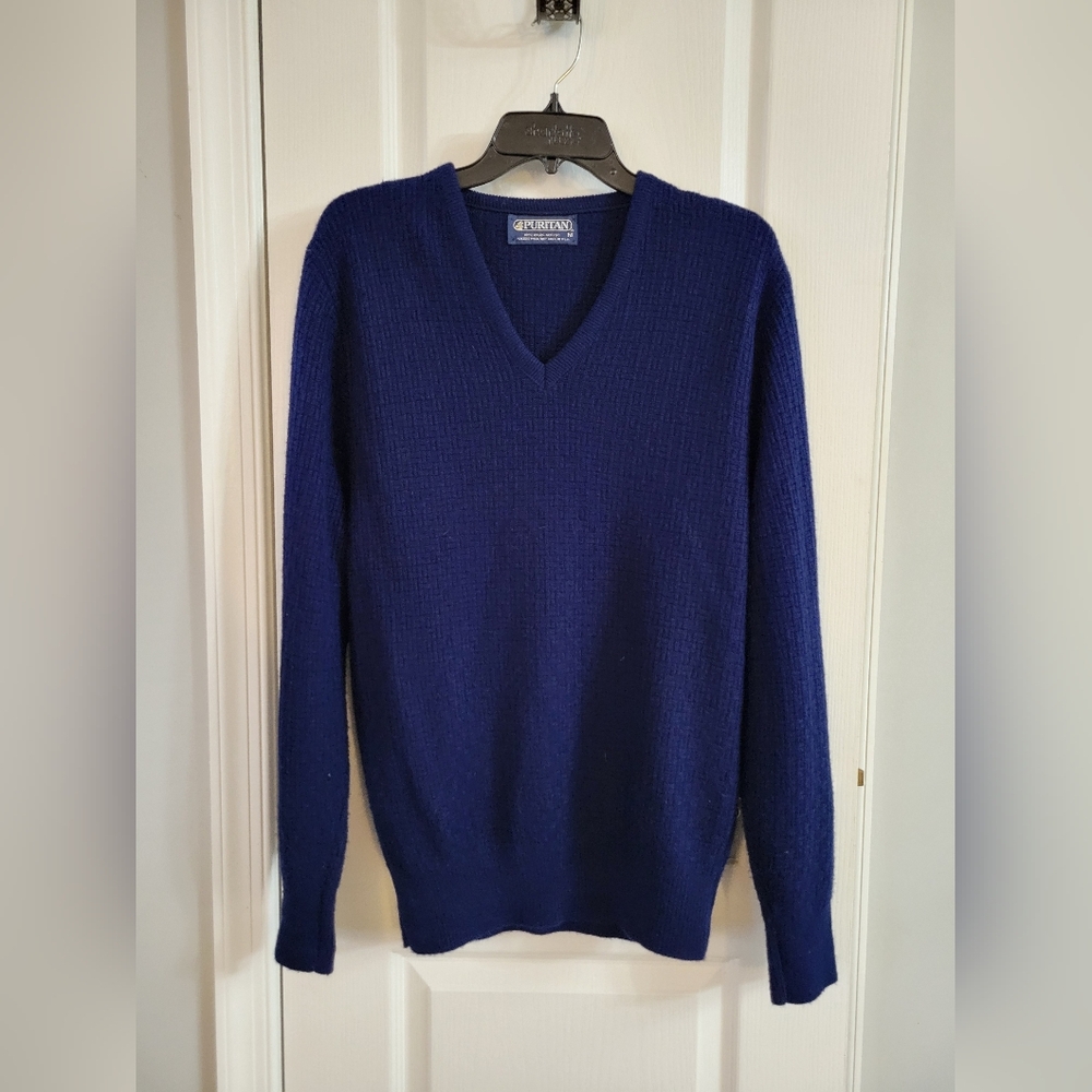 Puritan Men's V-Neck Cable Knit Long Sleeve Sweater Navy Blue Size Medium